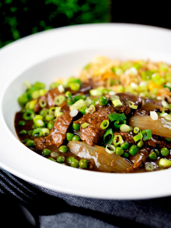 Chinese takeaway style beef and onion curry served with egg fried rice.