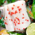 Close-up overhead cod loin poached in coconut milk featuring a title overlay.
