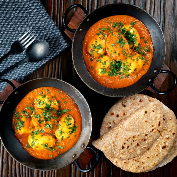 Indian boiled egg curry in a tomato based masala style gravy.