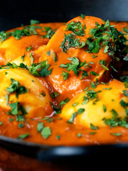 Close-up Indian inspired egg masala curry with fresh coriander.