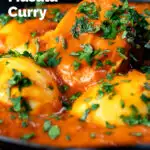 Close-up Indian inspired egg masala curry with fresh coriander featuring a title overlay.