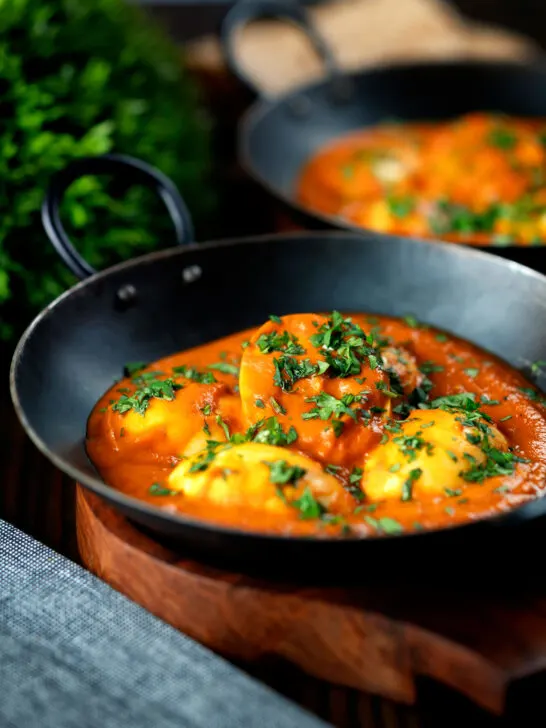 Indian inspired egg masala curry served with homemade chapatis.