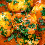 Close-up overhead Indian inspired egg masala curry with fresh coriander.