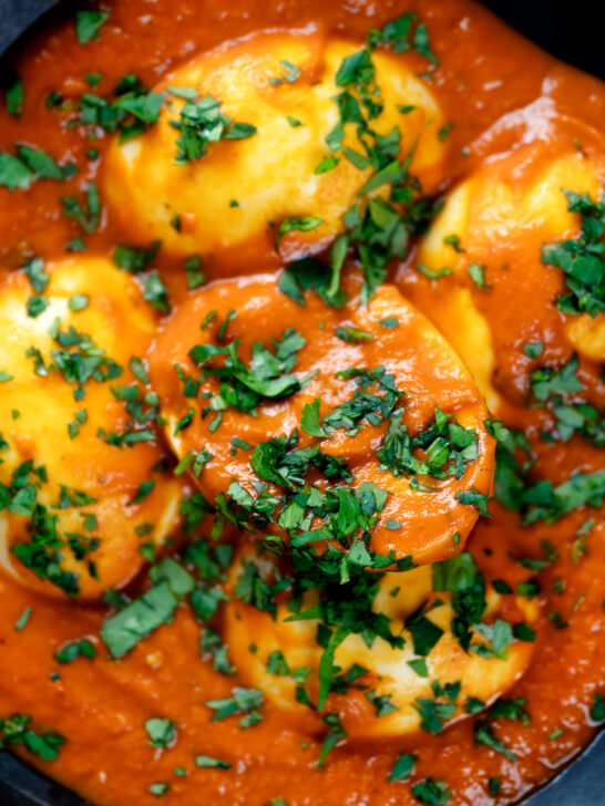 Close-up overhead Indian inspired egg masala curry with fresh coriander.