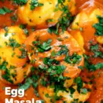 Close-up overhead Indian inspired egg masala curry with fresh coriander featuring a title overlay.