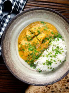 Overhead fruity pineapple and chicken curry with rice, coriander and naan.