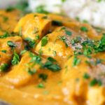 Close-up fruity pineapple and chicken curry with rice and coriander.