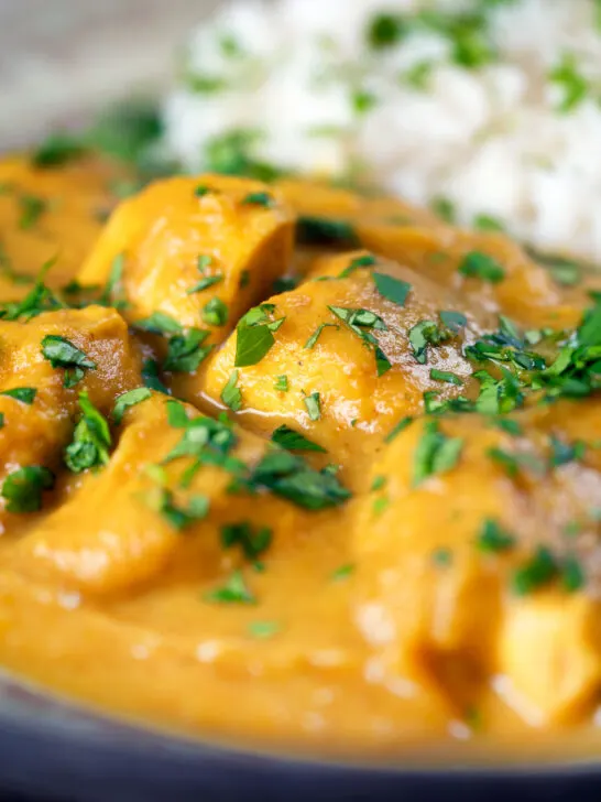 Close-up fruity pineapple and chicken curry with rice and coriander.