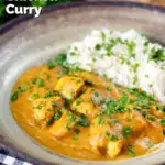 Fruity pineapple and chicken curry with rice, coriander and naan featuring a title overlay.