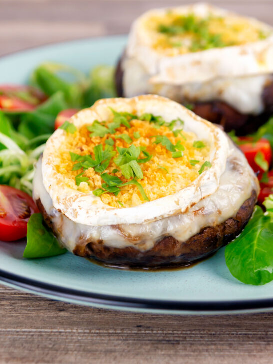 Balsamic vinegar caramelised onion and goats cheese stuffed Portobello mushrooms.