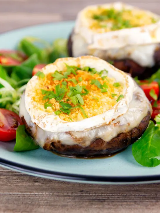 Balsamic vinegar caramelised onion and goats cheese stuffed Portobello mushrooms.