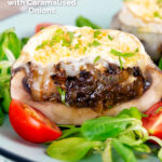 Close-up balsamic vingegar caramelised onion and goats cheese stuffed Portobello mushrooms featuring a title overlay.