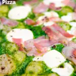Close up thick crust goat cheese pizza with streaky bacon and rocket pesto featuring a title overlay.