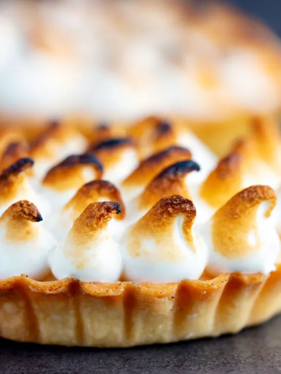 Individual lemon meringue pie with Italian meringue.