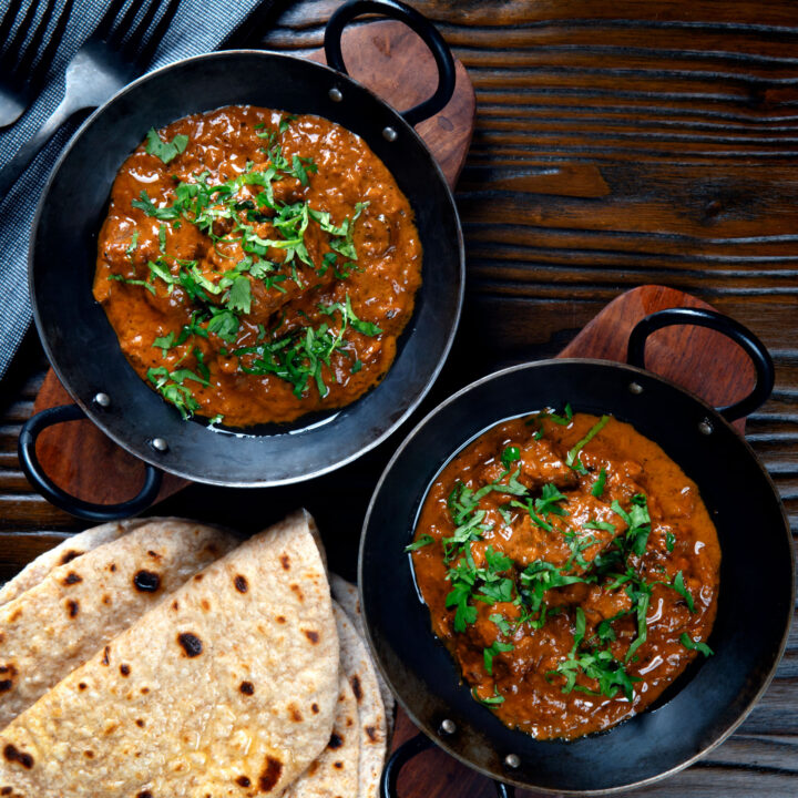 Takeaway style lamb madras curry served with homemade chapatis.