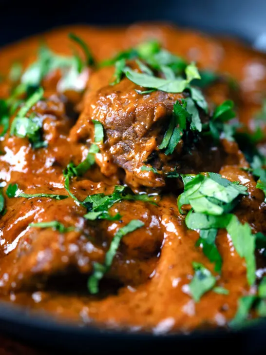 Close up lamb madras curry fakeaway.