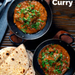 Overhead lamb madras curry fakeaway served with homemade chapatis featuring a title overlay.