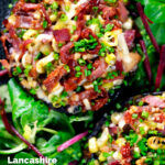 Overhead close-up bacon stuffed mushrooms with Lancashire cheese and snipped chives featuring a title overlay.