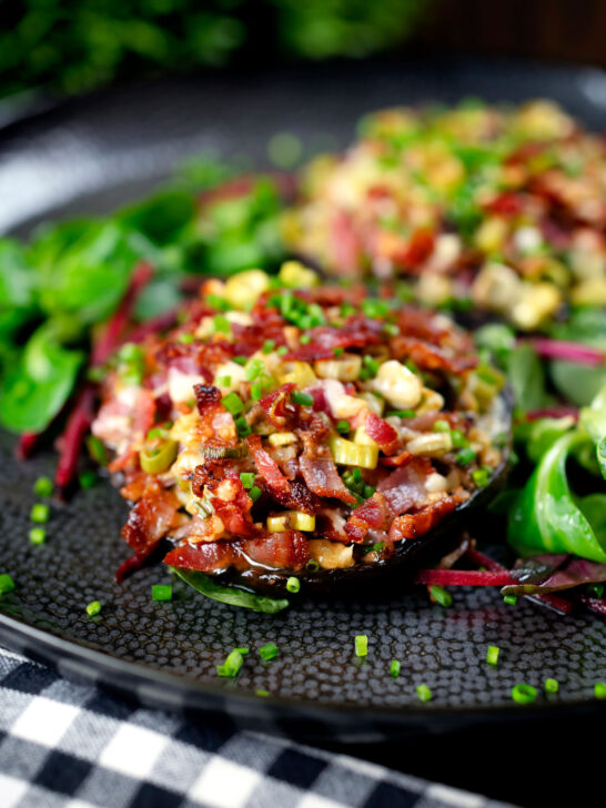 Bacon stuffed mushrooms with Lancashire cheese and snipped chives.