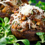 Minced beef and mozzarella stuffed mushrooms with parmesan cheese.
