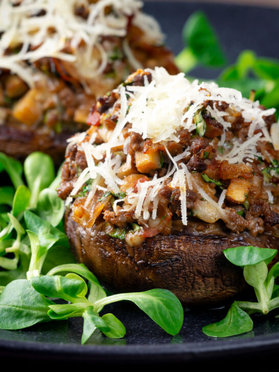 Minced beef and mozzarella stuffed mushrooms with parmesan cheese.