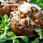 Minced beef and mozzarella stuffed mushrooms with parmesan cheese featuring a title overlay.