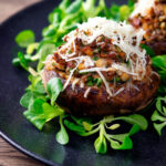 Beef mince stuffed Portobello mushrooms with parmesan cheese and lambs lettuce.