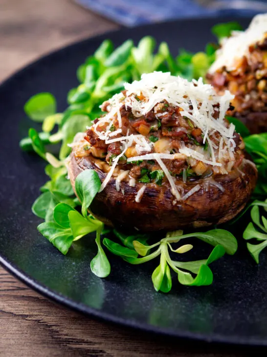 Beef mince stuffed Portobello mushrooms with parmesan cheese and lambs lettuce.
