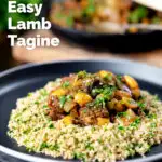 Moroccan lamb tagine with dates and almonds served with herby couscous, featuring a title overlay.