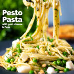 Pesto pasta (spaghetti) with goat cheese and peas on a fork, featuring a title overlay.