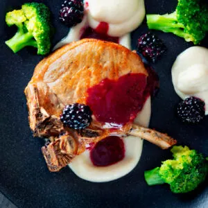 Pork chops with cider and blackberry sauce served with Jerusalem artichoke puree and broccoli.