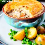 Rabbit pot pie with a suet crust cut open to show creamy filling featuring a title overlay.