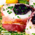 Close-up black pudding stuffed chicken breast wrapped in bacon, featuring a title overlay.