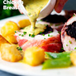Chive and mustard sauce being poured over bacon wrapped black pudding stuffed chicken breast, featuring a title overlay.