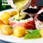 Chive and mustard sauce being poured over bacon wrapped black pudding stuffed chicken breast, featuring a title overlay.