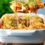 Cheesy chicken and chorizo sausage pasta bake with a parmesan crust, featuring a title overlay.