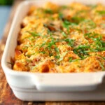 Chicken and chorizo sausage pasta bake with a parmesan crust.