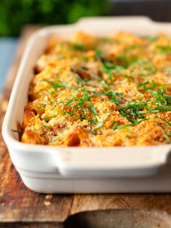 Chicken and chorizo sausage pasta bake with a parmesan crust.