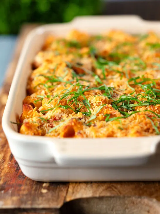Chicken and chorizo sausage pasta bake with a parmesan crust.