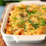 Chicken and chorizo sausage pasta bake with a parmesan crust, featuring a title overlay.