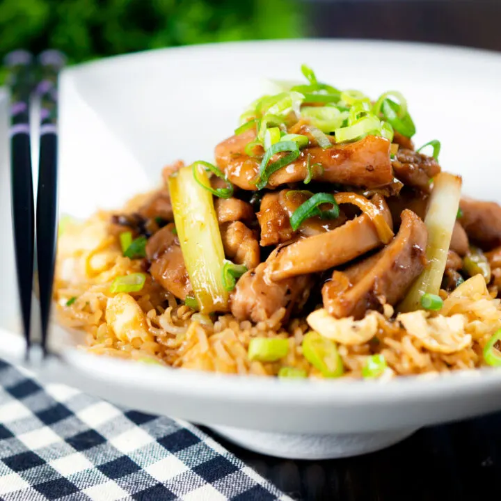 Chicken cooked with garlic, ginger and spring onion served with egg fried rice.