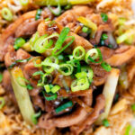 Overhead close-up ginger chicken with garlic and spring onions served with egg fried rice.