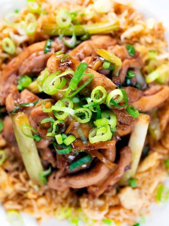 Overhead close-up ginger chicken with garlic and spring onions served with egg fried rice.