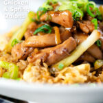 Close-up ginger chicken with garlic and spring onions served with egg fried rice, featuring a title overlay.