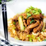 Ginger chicken with garlic and spring onions served with egg fried rice, featuring a title overlay.