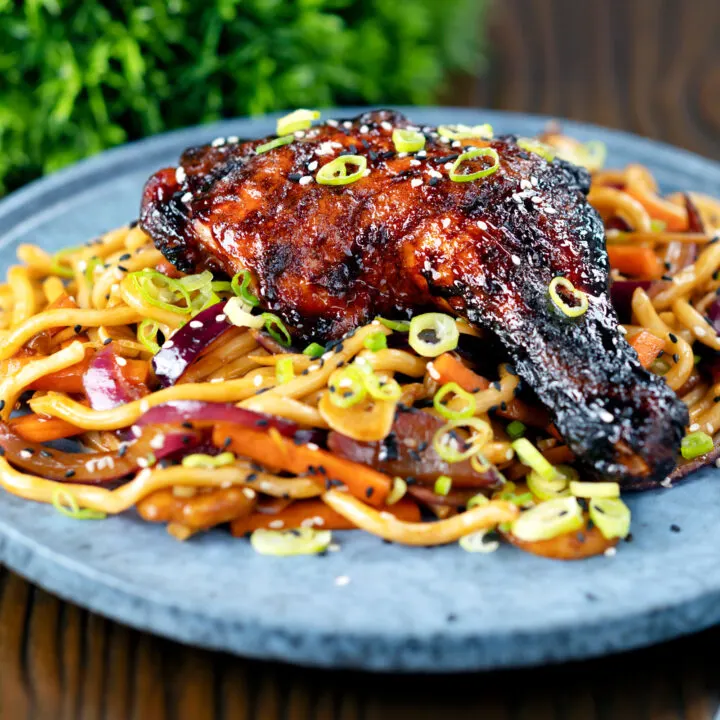 Char siu chicken legs served with sweet and sour udon noodles.