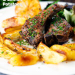 Greek lamb chops (paidakia) served with lemon garlic potatoes, featuring a title overlay.
