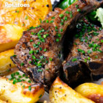 Close-up Greek lamb chops served with lemon garlic potatoes, featuring a title overlay.