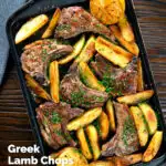 Overhead Greek lamb chops with lemon and garlic potatoes on a baking sheet, featuring a title overlay.