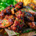 Honey and sriracha glazed chicken wings served with French fries.